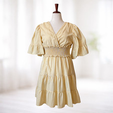 Max Studio Butter Yellow Striped Cotton Tiered Dress Size L Peasant Cottagecore