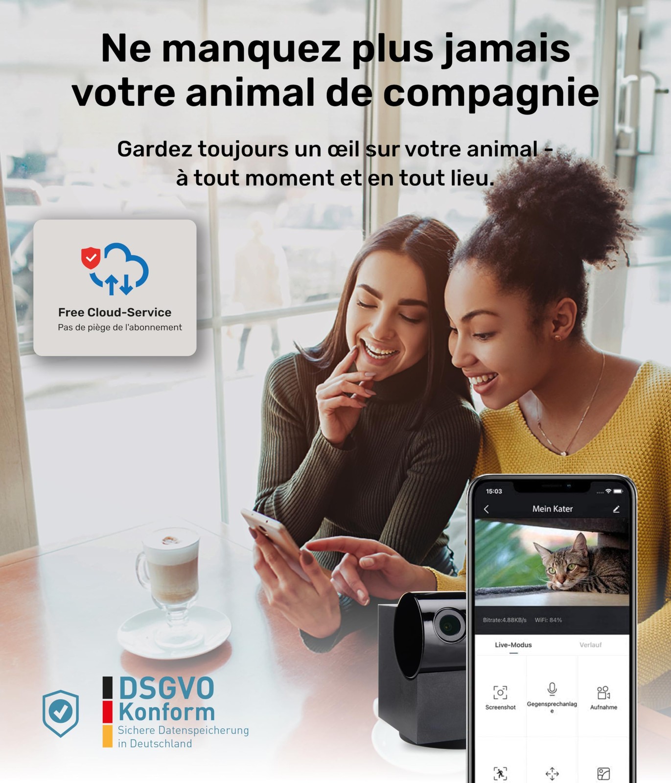 Caméra pour animaux 360° connectée application smartphone iOS Android
