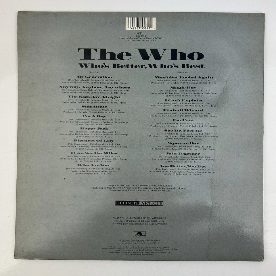 The Who Who's Better, Who's Best Vinyl LP EX/VG+ 1988 Compilation Record Album - Image 3 of 4