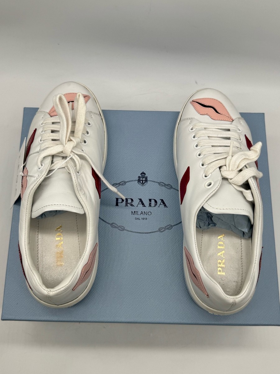 Prada lip-appliqued white red pink womens lace up leather logo