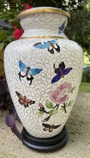 NEW! Butterfly & Rose Adult Human Ashes Cloisonné Cremation Urn Vase - 11”