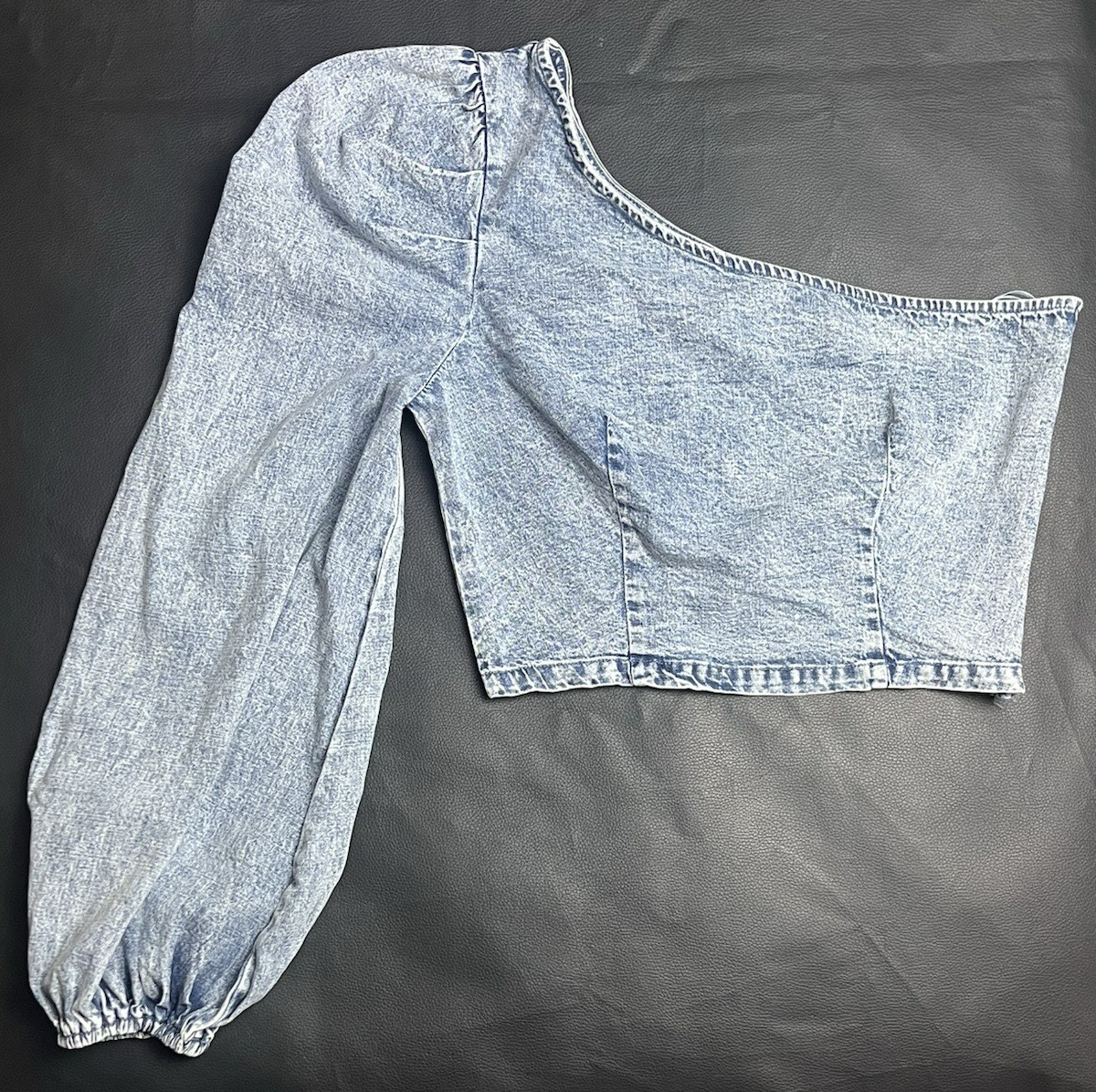 Idem Ditto Acid Wash Denim One Shoulder Puff Sleeve Crop Top NWT S Rave Festival