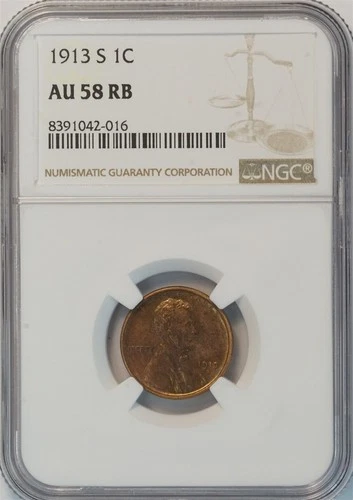 1913 S Lincoln Wheat Small Cent AU 58 RB NGC 1C US COIN PENNY