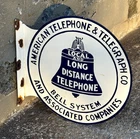VINTAGE "AMERICAN TELEPHONE & TELEGRAPH, AT&T " PORCELAIN FLANGE SIGN (17"x17")