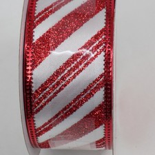 Candy Cane Diagonal Stripe White Red Wired Glitter Christmas Ribbon 1.5" x 30ft