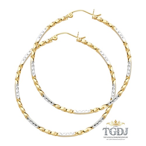 2mm Large Curled All Polished Shiny Hoop Earrings REAL 14K Yellow/White Gold - Picture 5 of 7