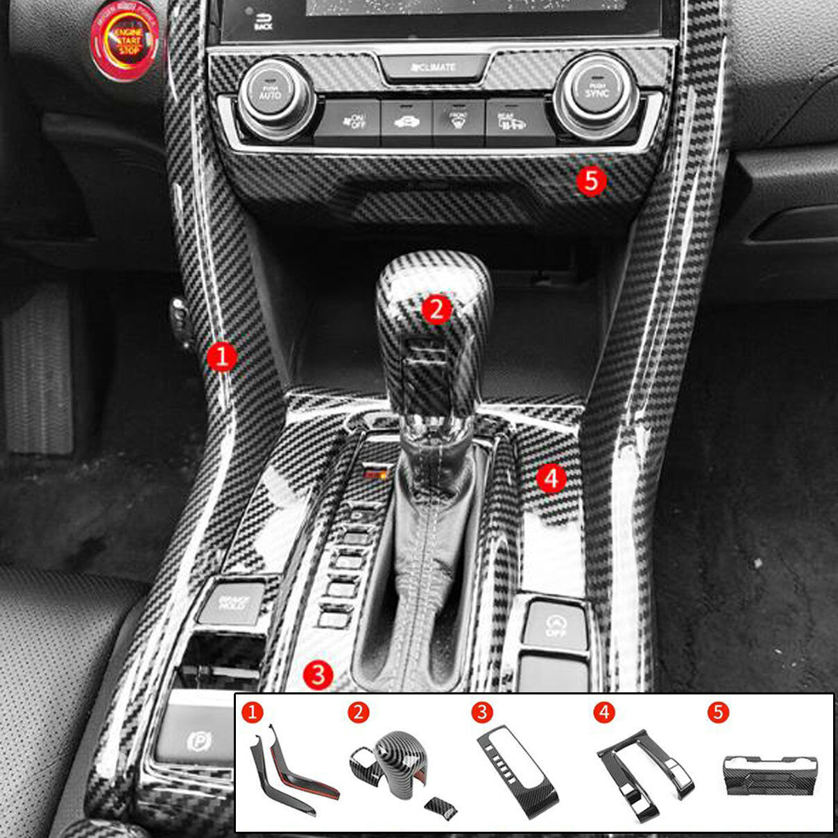 For Honda Civic 2016-2021 Carbon Fiber Center Console Shift Panel Cover 8Pcs/Set