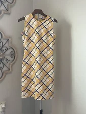 J McLaughlin XS Womens Yellow Plaid Midi Sleeveless Sheath Dress