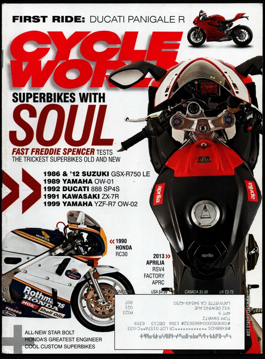 JUNE 2013 CYCLE WORLD MAGAZINE, APRILIA RSV4, HONDA RC30, DUCATI