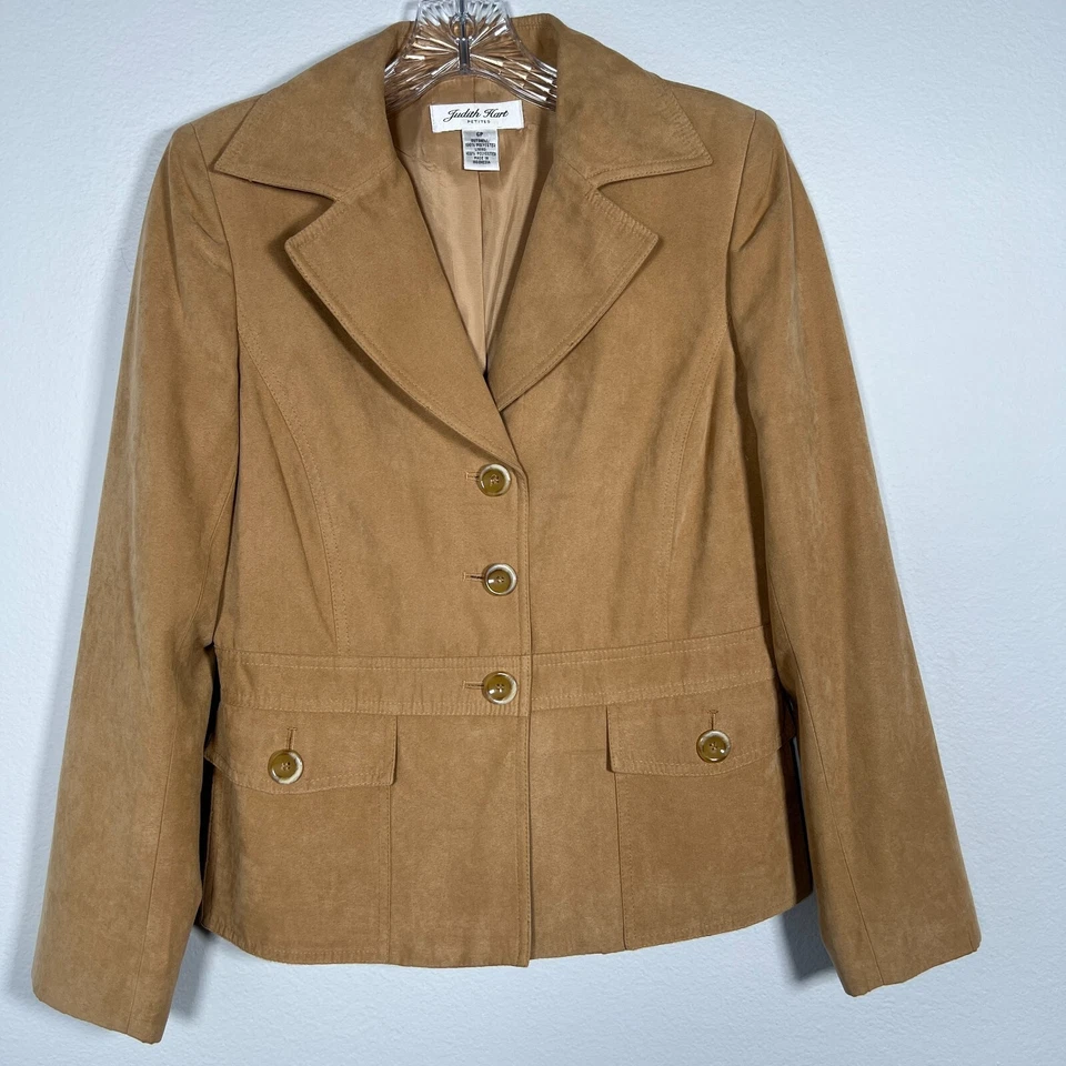 Blazer vintage Y2K para mujer imitación gamuza camel talla 6 pequeña carrera dinero antiguo clásico Foto 2 de 4
