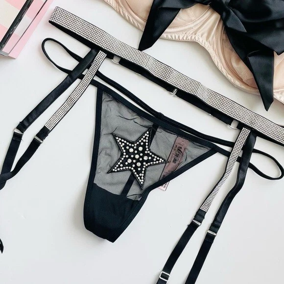 36C GRANDE Victoria’s Secret 3 PIEZAS Conjunto Sujetador con Arco Bling Liguero Tanga Bragas Foto 3 de 4