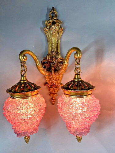 Wall Lamps Sconces Louis XVI Bronze Pair with Purple Crystal Shades Vintage - Picture 12 of 15