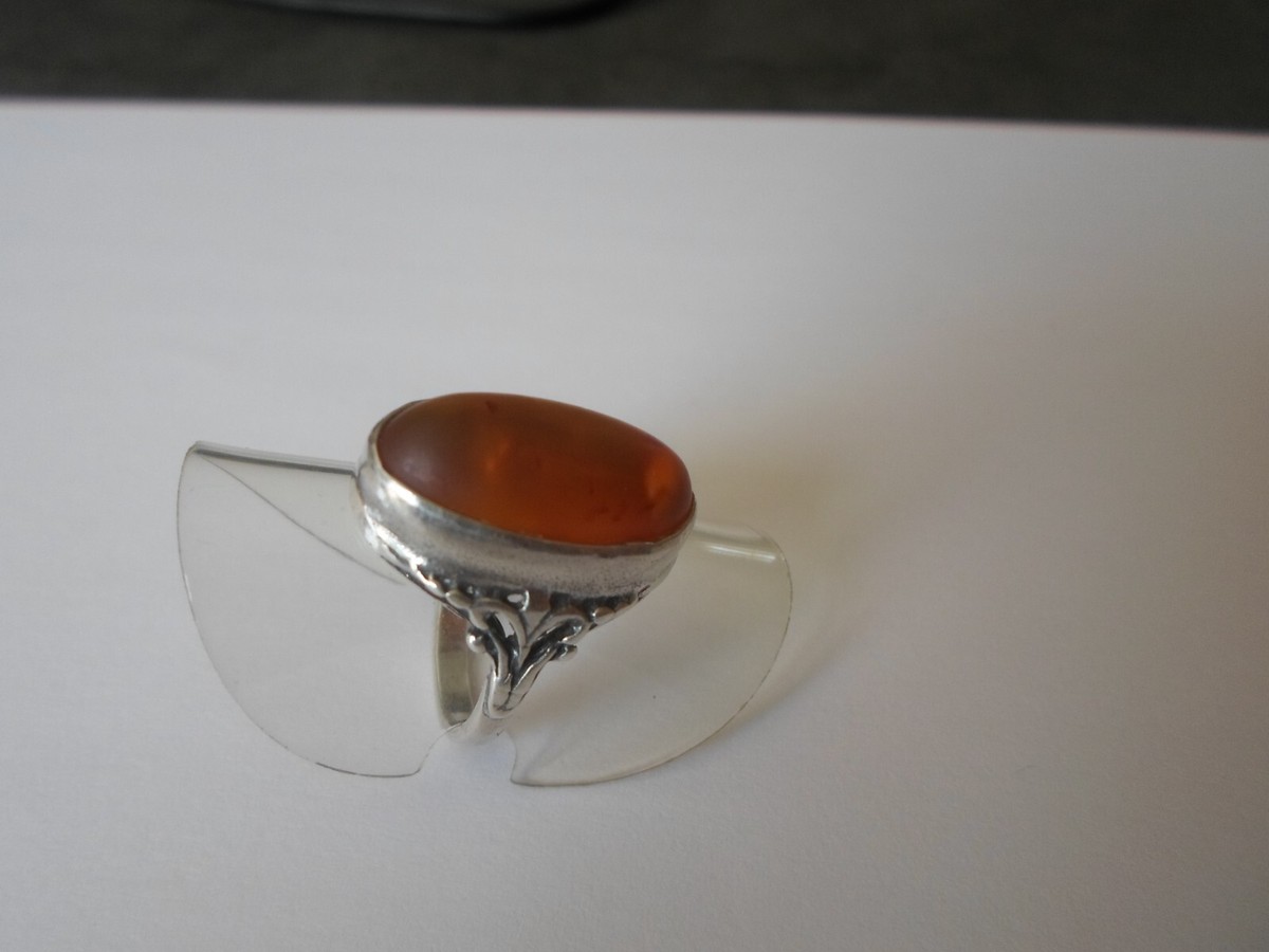 Bague En Argent Massif Avec Cabochon D'ambre Foncé - Motif Feuilles - Taille 48 - Occasion