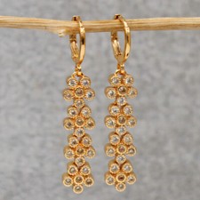 New 18K Yellow Gold Filled 4 Clear Crystal CZ Flower Charms Hoop Dangle Earrings