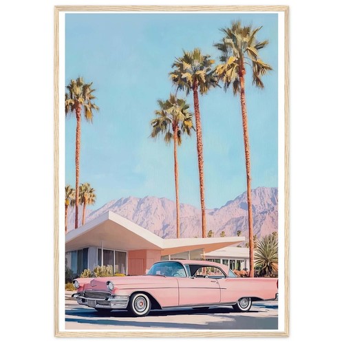 Palm Springs Retro Painting Vintage Pink Cadillac Poster Mid Century Modern Home - Picture 1 of 7