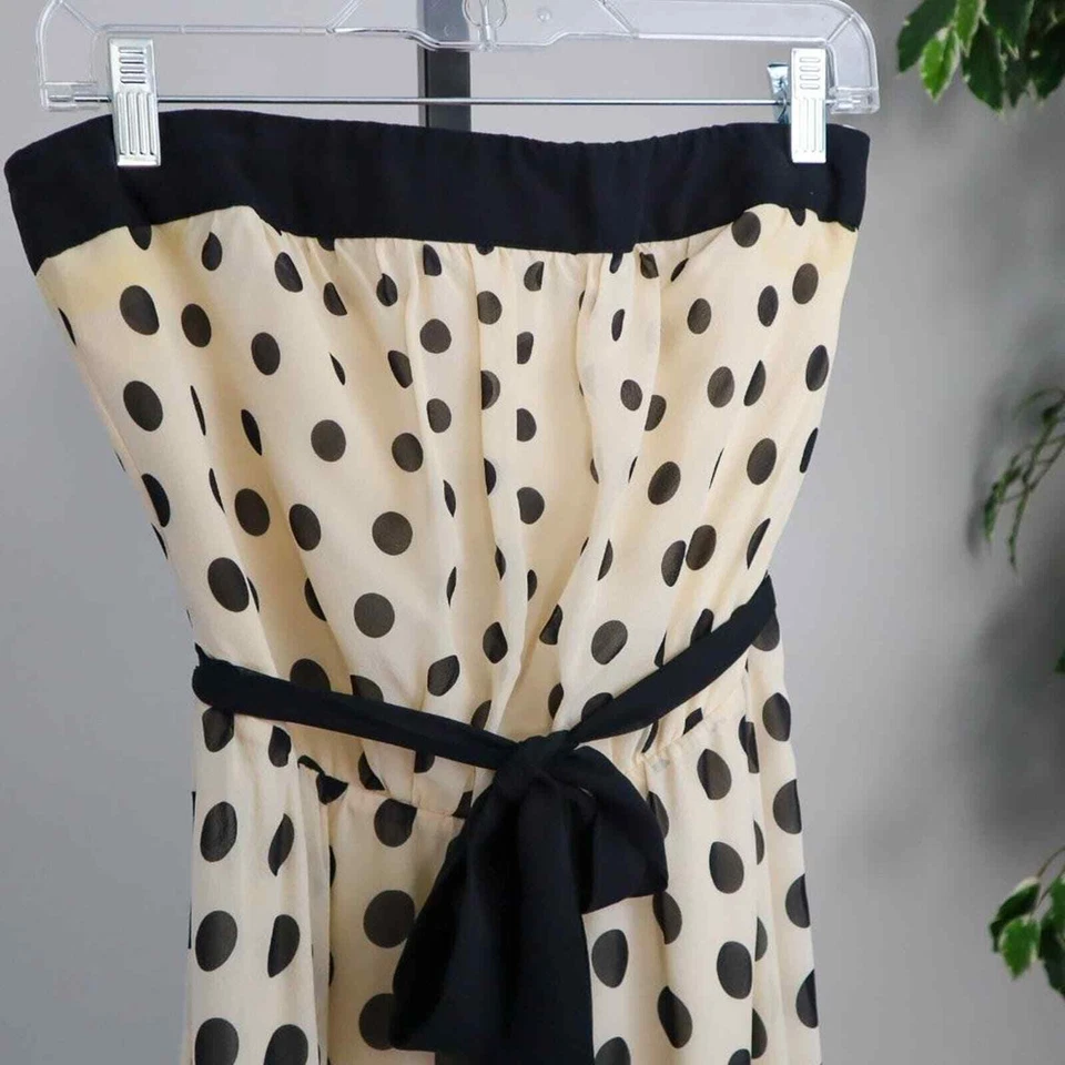Ограниченный 100% шелк желтовато-коричневый и черный горошек платье без бретелек - Изображение 2 из 4