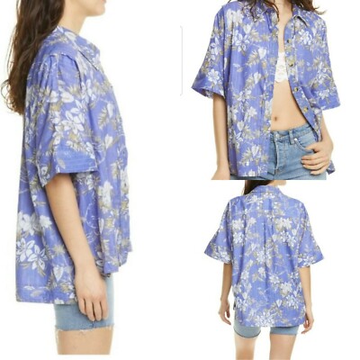 Free People Love Letters Button Up Purple Floral Print Shirt NWT Women's Large