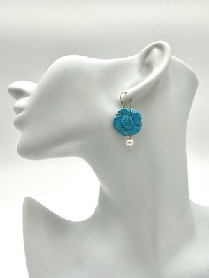 14kt Gold Rose Turquoise 20mm Earrings with Pearls - Handmade Italian Jewelry