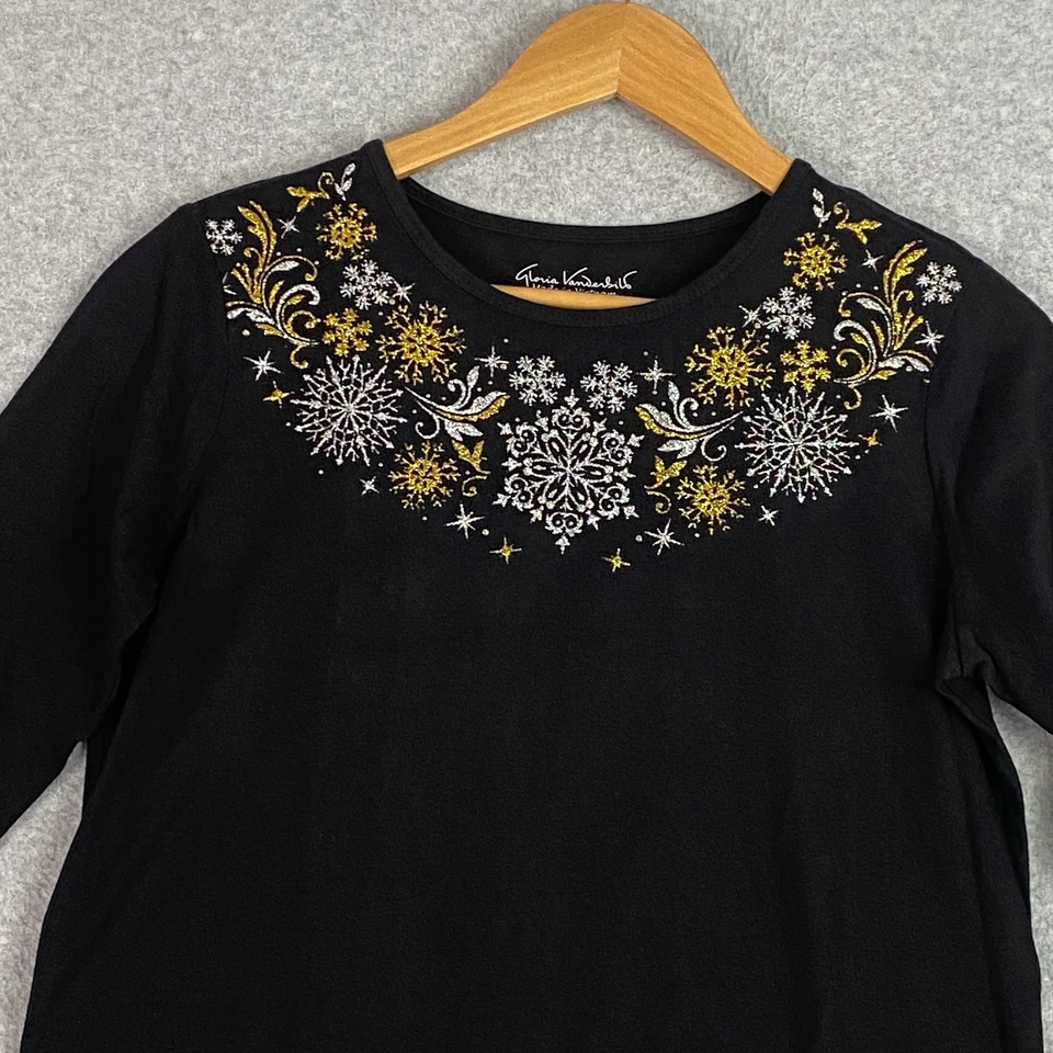 Top Gloria Vanderbilt para mujer pequeño negro plata dorado brillante pedrería tejido Foto 2 de 4