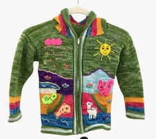 Handmade Peruvian Kids Wool Sweater Colorful Animal Embroidery Hood Size 8
