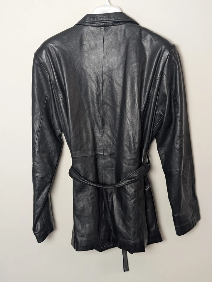Abrigo chaqueta de cuero negro para mujer Hillard & Hanson con cinturón talla L – 27” de largo, 21” Foto 3 de 4