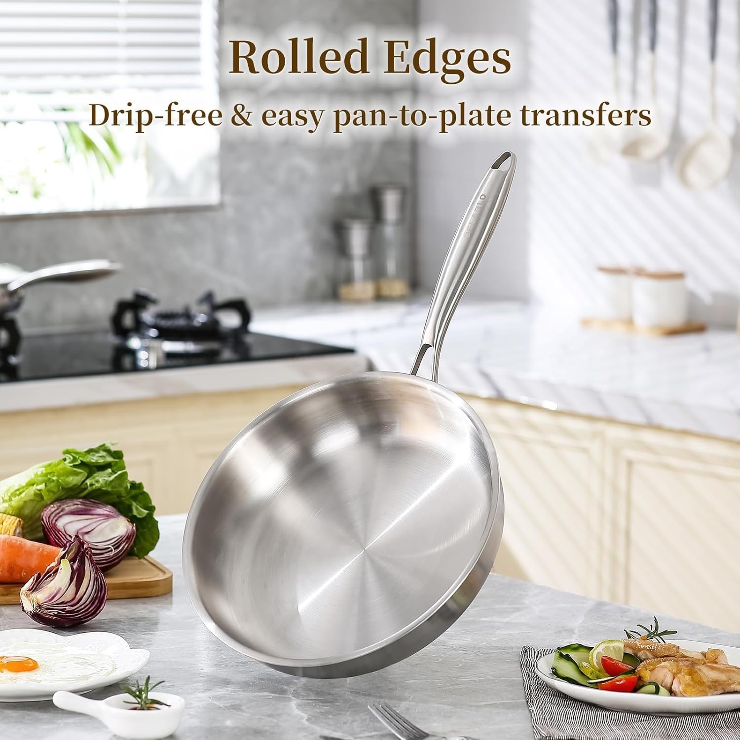 12.5” Non-Toxic Tri-Ply Stainless Steel Frying Pan - Fast & Even Heat, Oven Safe