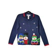 Tiara International Christmas Zip-Up Blue Sweater Small Snowman Beaded Grandma