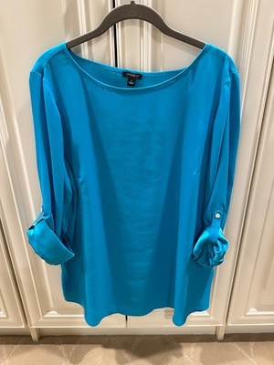 Ann Taylor Teal Blouse with roll-up button sleeves - size L - Perfect Condition!