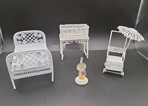Dollhouse White Metal Furniture 4 Pcs Bed Bassinet Lamp Cart TLC Needed SEE PICS
