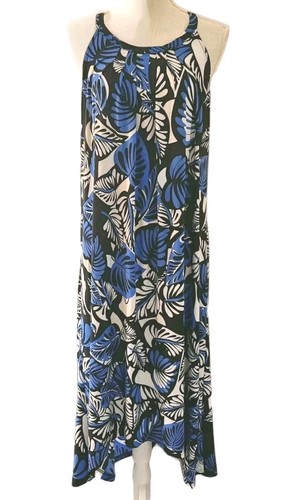 Mlle Gabrielle 1X HIGH-NECK HIGH-LOW PALM PRINT GODDESS STYLE MIDI DRESS PALMS - Picture 1 of 17