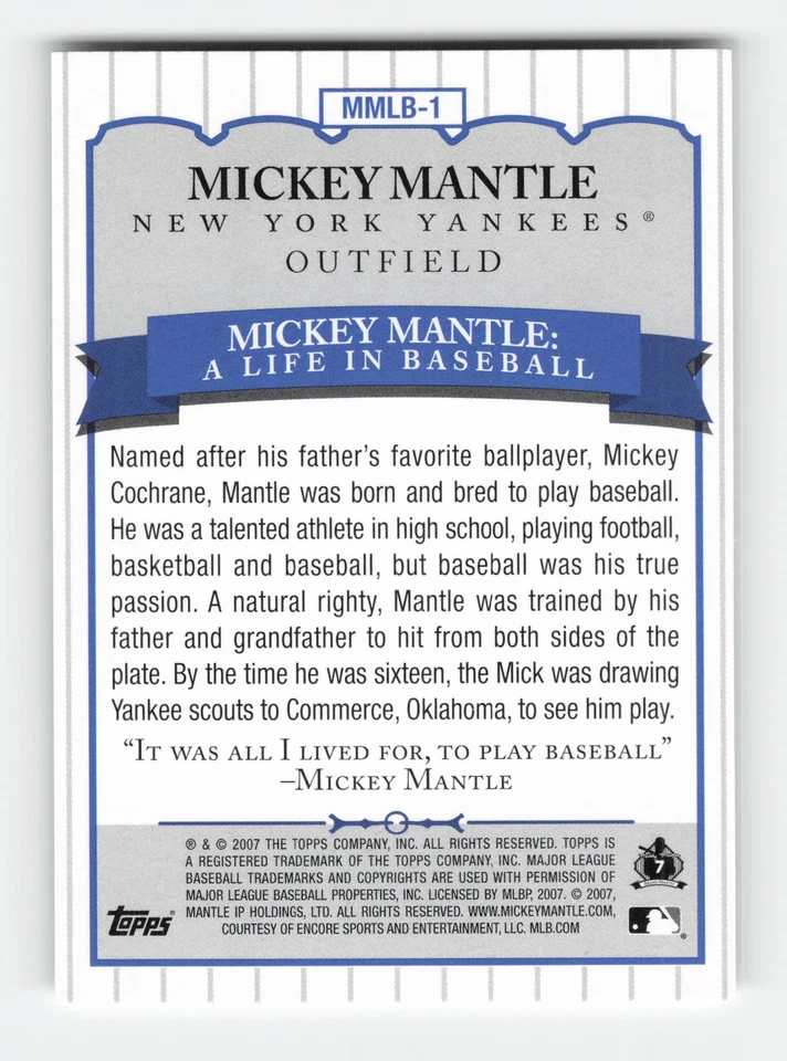 2007 Topps Updates & Highlights Mickey Mantle A Life in Baseball #MMLB-1 NM - Image 2 of 2