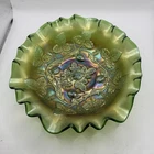 Vtg Millersburg Blackberry Wreath Carnival Glass Medium Ruffled Bowl, Green