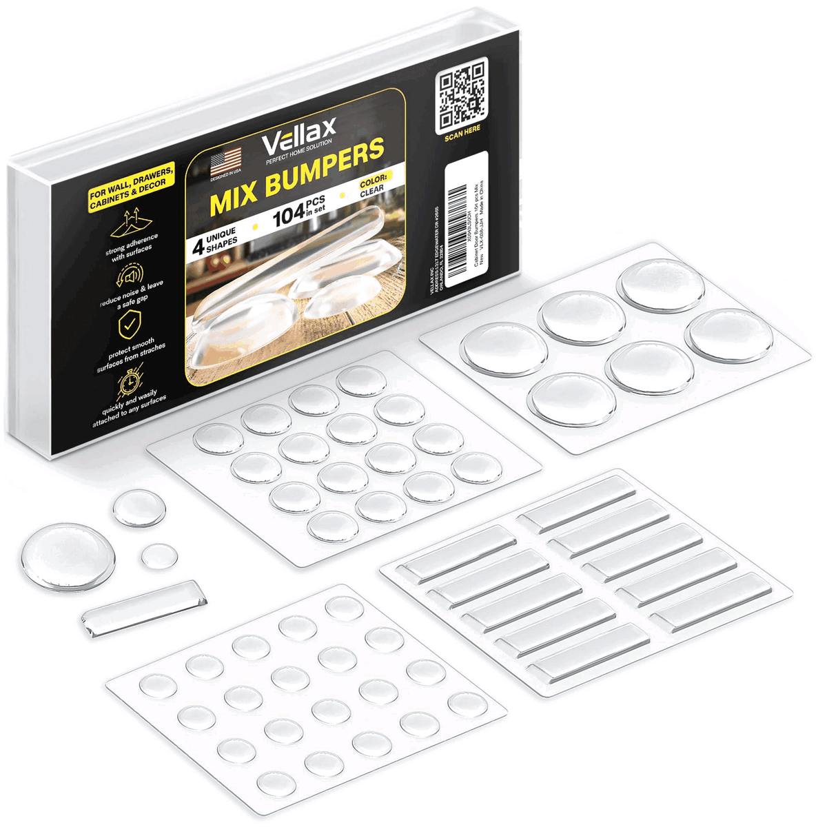 Self Adhesive Cabinet Door Bumpers 104 pcs Sticky Silicone Clear