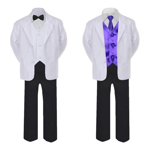 7pc Kid Teen Boy Formal Black Pants White Suits Tuxedo Satin Necktie Vest 4T-20 - Picture 18 of 25