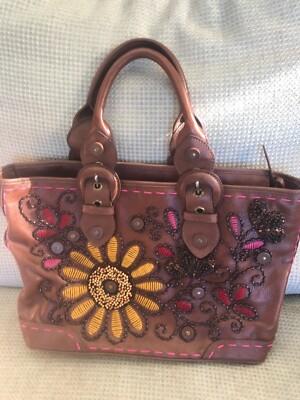 NWOT ISABELLA FIORE LGR BEADED EMBROIDERED FLOWER BROWN LEATHER SADDLE HANDBAG 