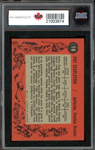 1961-62 TOPPS HOCKEY NHL #18 Pat Stapleton Rookie KSA 7.5 NM+ Boston Bruins RC - Picture 2 of 2