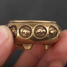 1.1" Vintage Brass Chinese Zodiac Carving Mini Incense Burner Pocket Censer