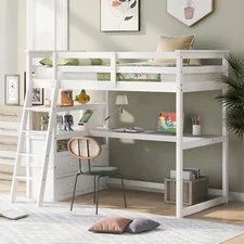Twin Size Loft Bed with Desk and Storage Shelves Built-in Drawers Wood Bed Frame