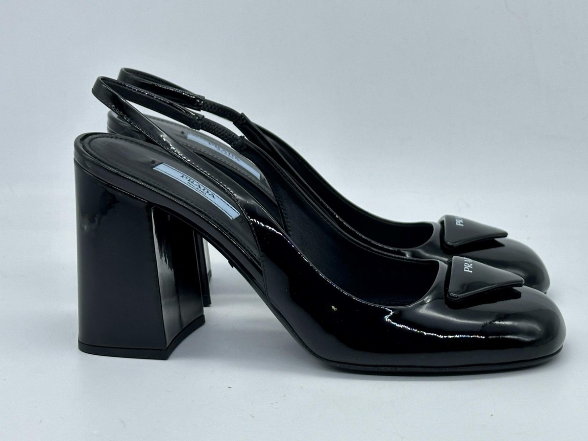 PRADA Vernice Logo Patent Leather Square Toe Slingback Pump PRADA Vernice Logo Patent Leather Square Toe Slingback Pump