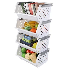 Idotry 3/4 Pack Plastic Stackable Storage Bins for Pantry Closet Organizer White