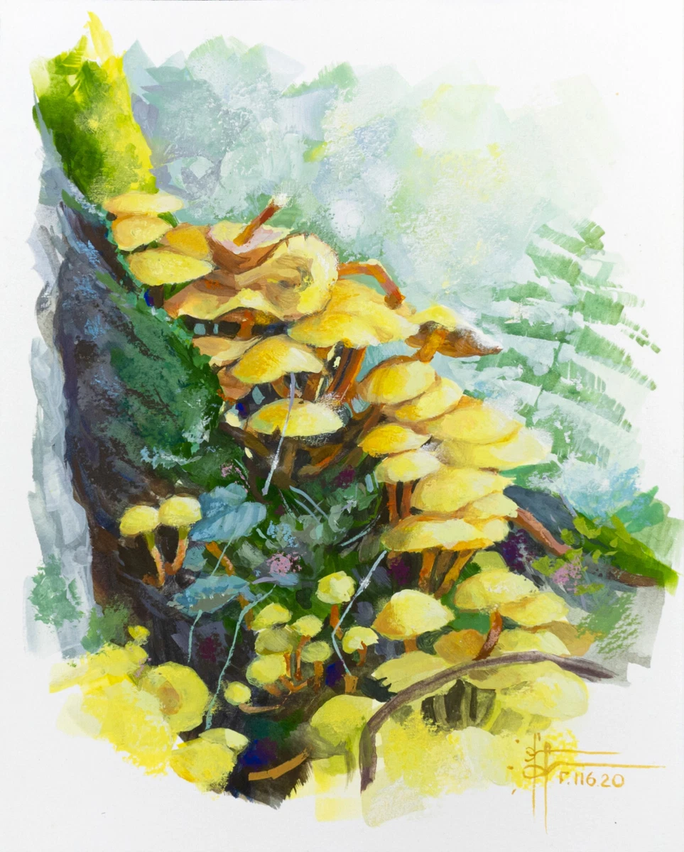 Original Mushrooms Small Gouache Painting Nature Landscape Still