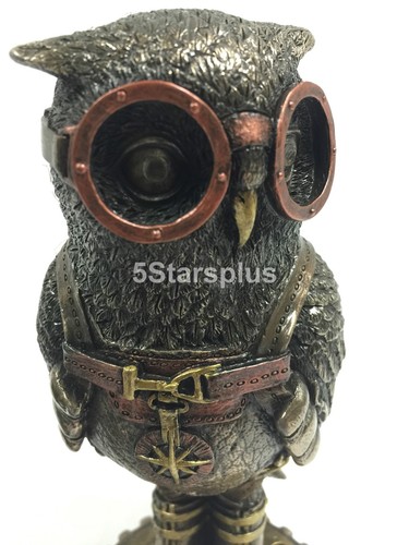 Statua scultura gufo steampunk madre e figlio - Foto 6 di 7
