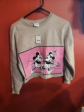 New Disney Mickey Minnie Mouse Cropped Sweatshirt Pullover Size XS Beige Pink