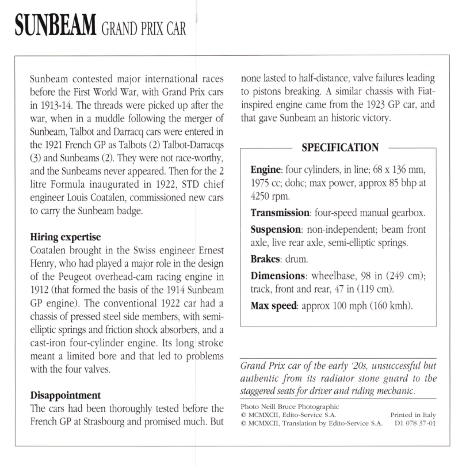 Sunbeam Grand Prix Car, 1922. Classic Cars Collectors Club card