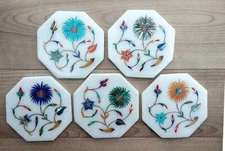 Marble Stone Tea Coaster tile 3.5" gemstone inlay work handmade Pietra Dura Gift