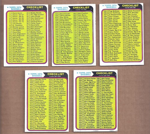 1974 Topps 5-CARD CHECKLIST SET #126, 263, 273, 414 & 637 **UNMARKED VG-EX/EX**