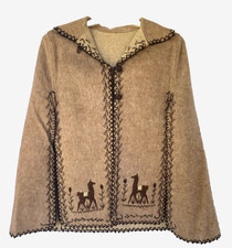 Vtg Alpaca Wool Blend Poncho Cape Llama Embroidered Hooded Boho S/M
