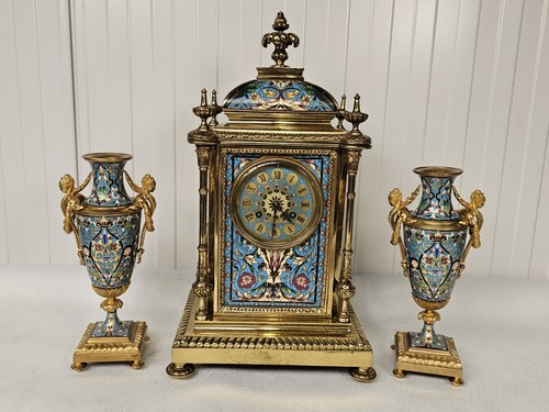 French Antique Champleve Enamel Garniture Mantel clock Set - Picture 23 of 24