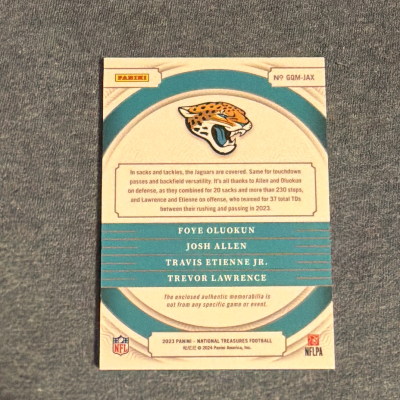 2023 Panini National Treasures Quad NFL Shield Lawrence/Etienne/Allen/Olad 1/1 view 7