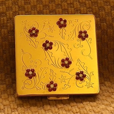 Elizabeth Arden Rhinestones Ruby Flower Powder Compact Box Pouch No.598 vintage 